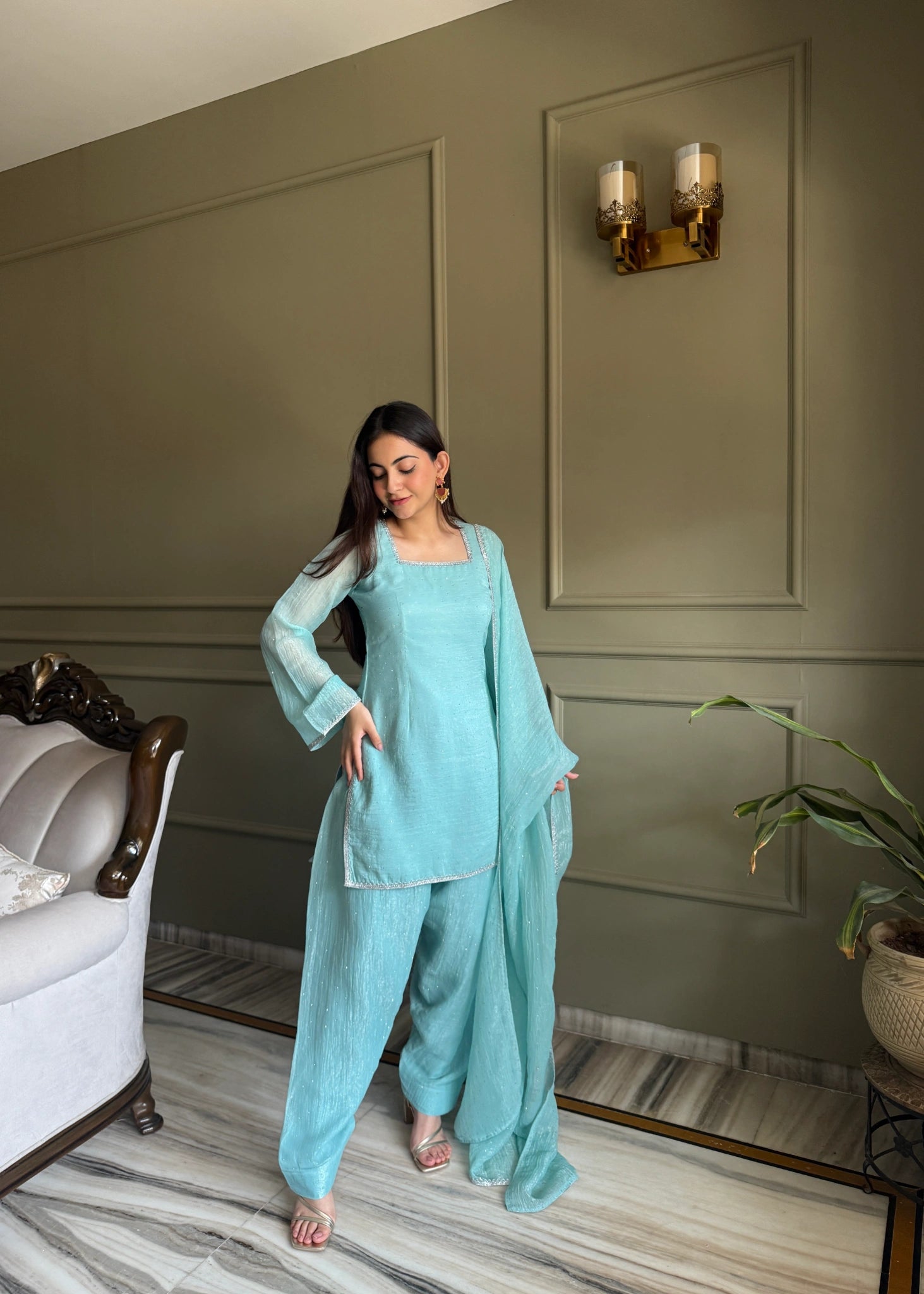 Sky blue diamond work suit - styled look